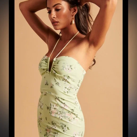 Abercrombie & Fitch Green Floral Halter Tie Neck Ultra Feminine Dress NWOT M - Picture 2 of 16